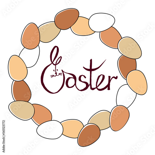 Eggs circle frame with hand writing word Easter. Funny Easter card. Vector illustration