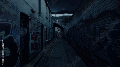Dark alley at night. Night city. Graffiti on the walls. Dangerous district. Closed doors. 3d illustration