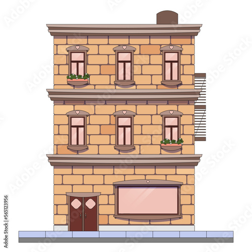 a residential building made of large cream-colored bricks, a beautiful facade of the building, old, on the ground floor of a cafe, vector illustration, balconies with flowers