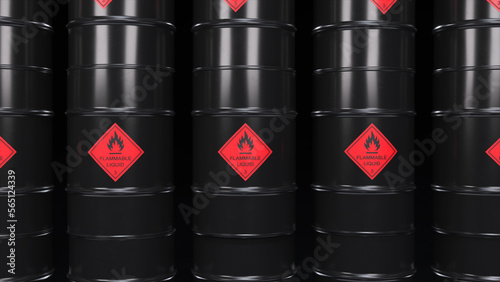 Black barrels with oil and combustibles. Flammable toxic waste. Pollution. Life threatening. 3d illustration