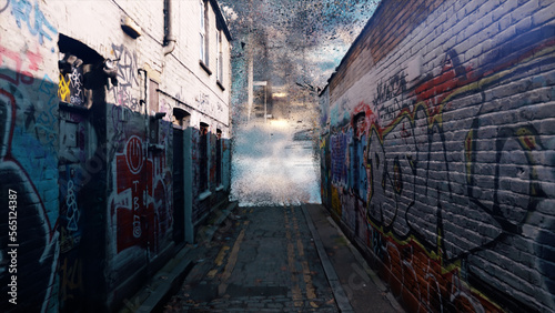 Street objects and buildings. Houses, road, walls with graffiti. A cloud of glowing dust at the end of the street.