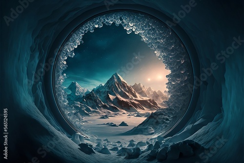 A fantasy icy cave overlooking a view of mountains with ice at night. Created with Generative AI.