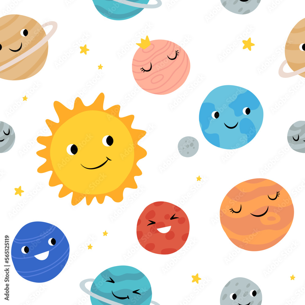 Naklejka premium Cute planets of Solar system with happy faces. Funny celestial objects in outer space. Pretty astronomical bodies orbiting Sun. Astronomy for children. Childish flat cartoon vector seamless pattern.