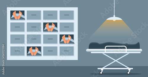 Interior of morgue. Dead bodies laying in the mortuary.Mortuary room 2D cartoon interior with wheeled bed and equipment for autopsy and embalming on background. Flat cartoon vector illustration