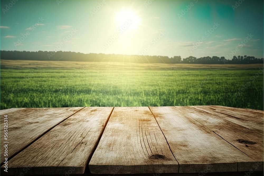 Nature spring or summer with sunlight background and empty wood table Nature spring or summer with sunlight background and empty wood table