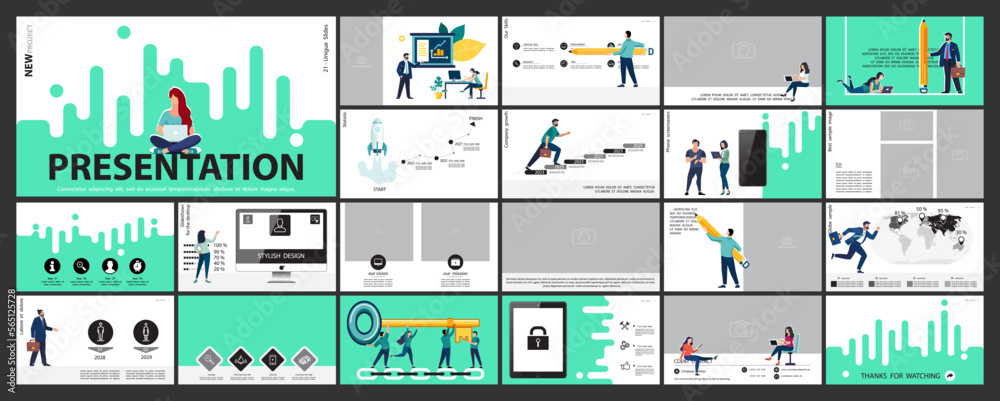 Infographics. Business team plans business presentation, financial success, powerpoint, launch of new project. Design template elements, background, set. A team of people creates a business, teamwork