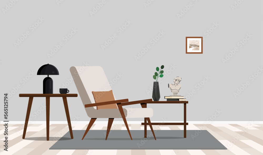 Fototapeta premium Illustration minimalist composition of elegant living room space with armchair, carpet, lamp and personal accessories. 