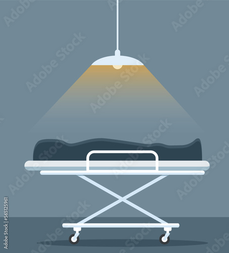 Interior of morgue. Dead bodies laying in the mortuary.Mortuary room 2D cartoon interior with wheeled bed and equipment for autopsy and embalming on background. Flat cartoon vector illustration