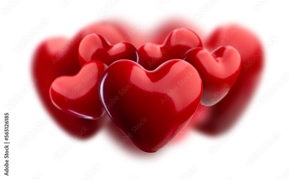 Red Hearts flight isolated on white background. Concept St.Valentine's Day. Selective focus.
