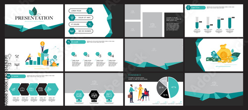 Eco-design City business. Presentation powerpoint template, geometric shapes background, green and black elements.Teamwork, businessman, nature and trees.Use in flyers webinar pages.Vector infographic
