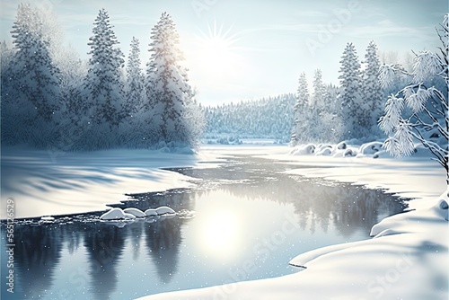 Winter mountain river in snow landscape. Snow landscape on winter mountain © Aleksey