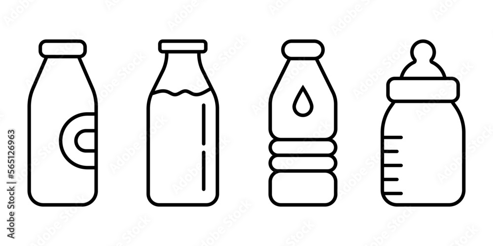 Bottles set. Collection of plastic bottles. Water, milk, breastfeed bottle. Linear set