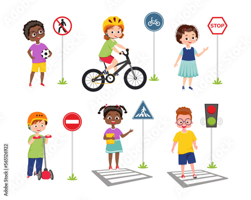 Cute smiling Boys and Girls Learning Traffic Rules, Road Education, Rules. Children safety in Traffic Vector Illustration
