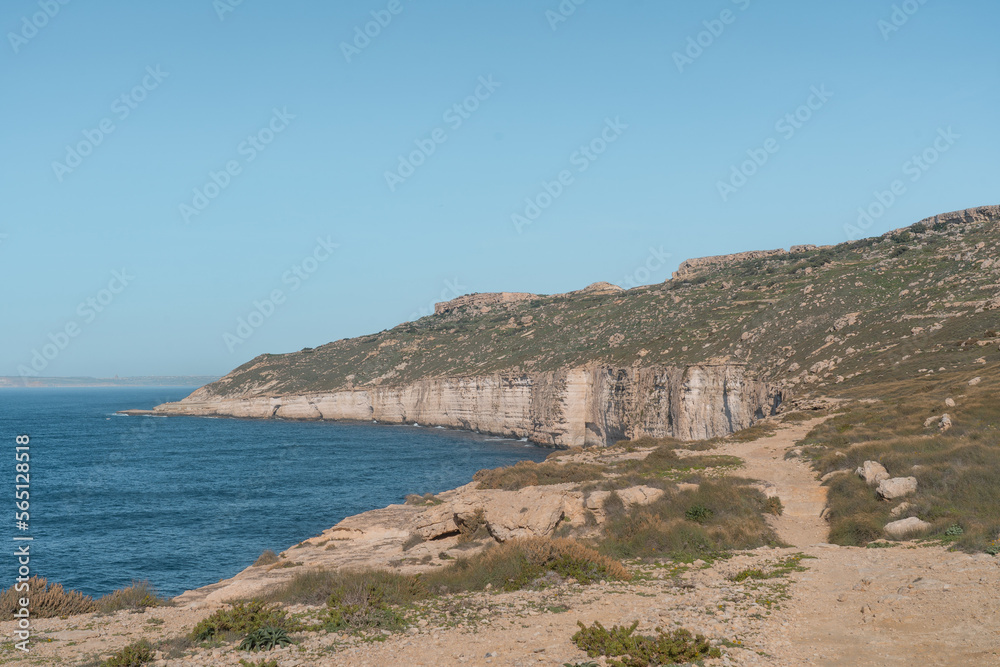 Panoramic view of cliffs in sunny Malta