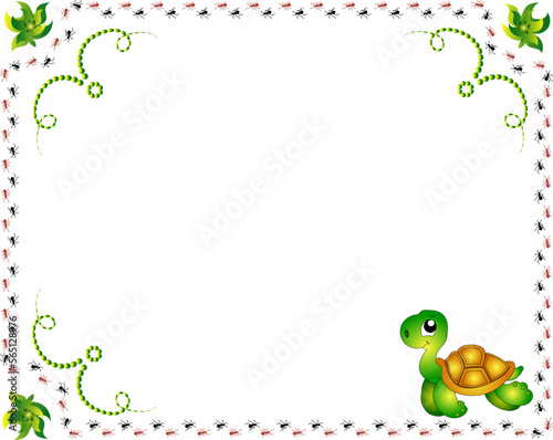 Illustration of baby card frame with turtle and ants