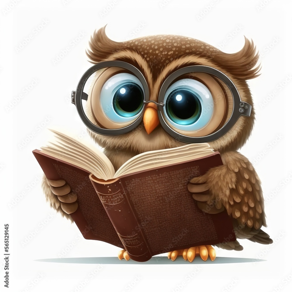 a cartoon owl with glasses reading a book with a bookmark in its paws and  eyes