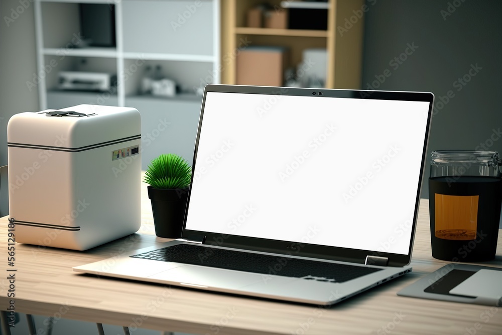 Modern laptop mockup on the clinic , with medical supplies in pharmacy background Modern laptop mockup on the clinic , with medical supplies in pharmacy background