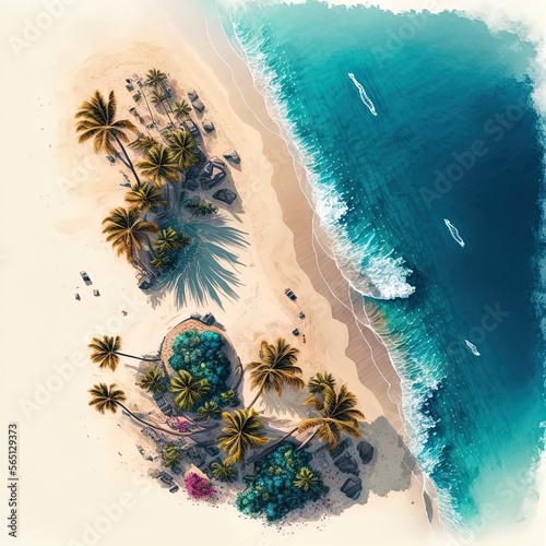 Aerial top view on sand beach  palm tree and ocean and azure waves