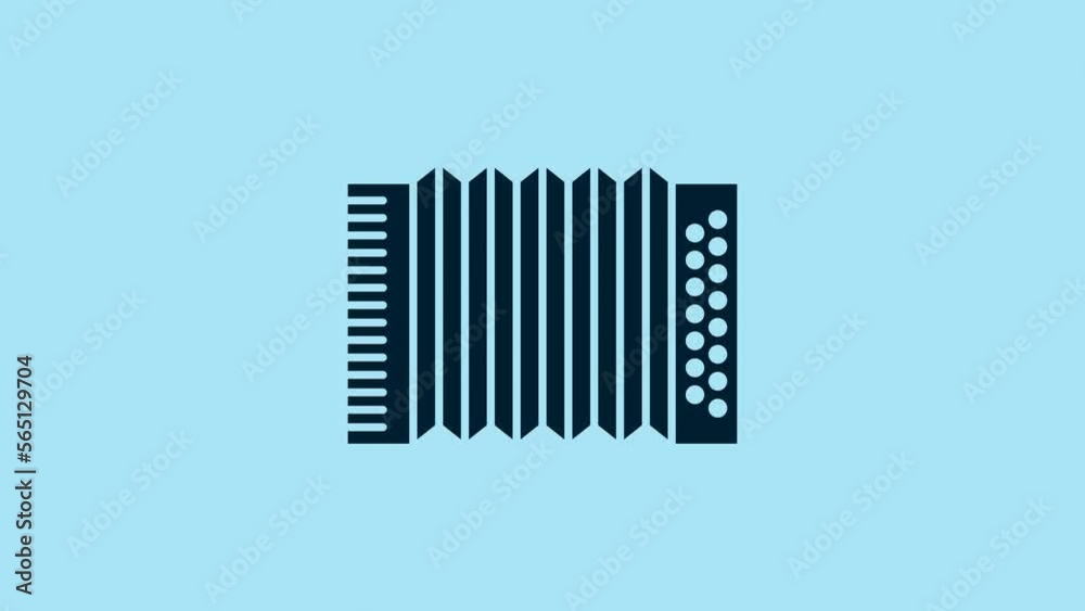 Blue Musical instrument accordion icon isolated on blue background. Classical bayan, harmonic. 4K Video motion graphic animation
