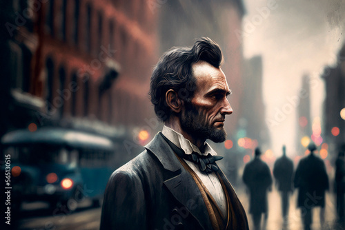 Abraham Lincoln on the streets of New York. Abraham Lincoln birthday. Generative AI