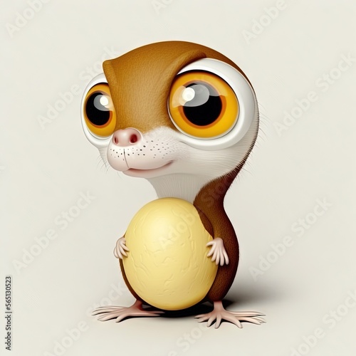  a cartoon animal holding a yellow egg with big eyes and a nose, standing upright on one leg, with a white background, and a light gray background, with a white background,.  generative ai photo