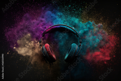 Headphone and vivid colors. Creative music and festival concept. Generative Ai. 