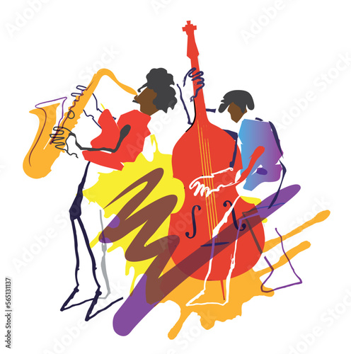  Jazz theme,Contrabass musician and saxophonist.
 Expressive Illustration of two jazz musicians. Isolated on white background. Vector available.