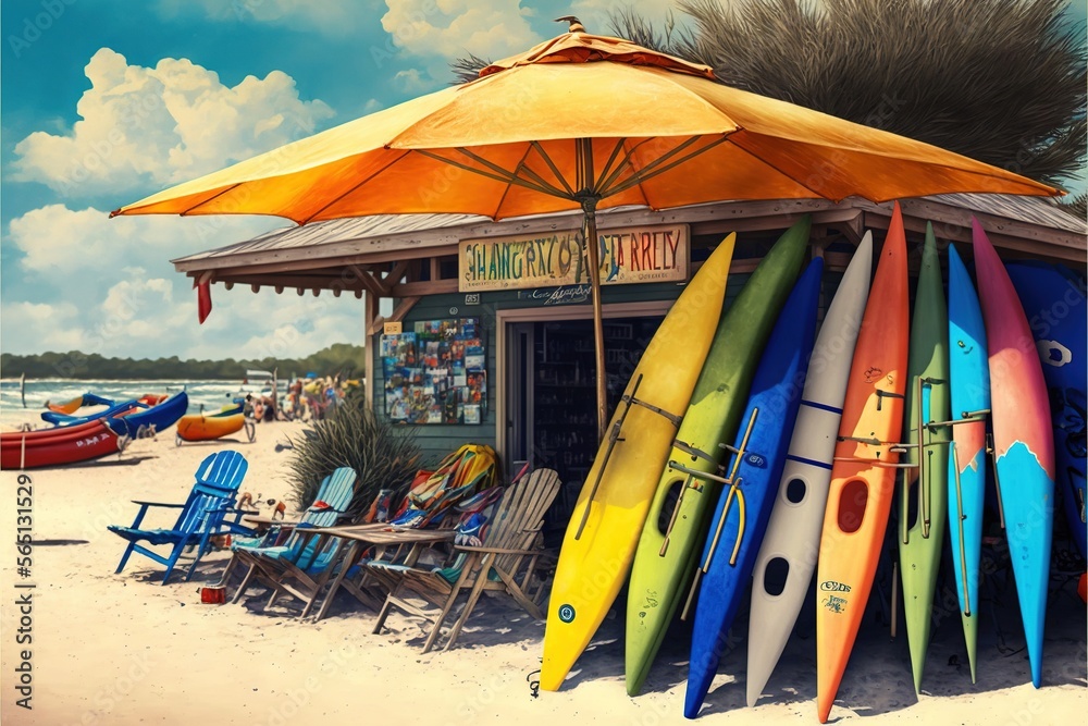 a bunch of surfboards are stacked up on a beach near a small store with a yellow umbrella over it and chairs and a table with a yellow umbrella.  generative ai