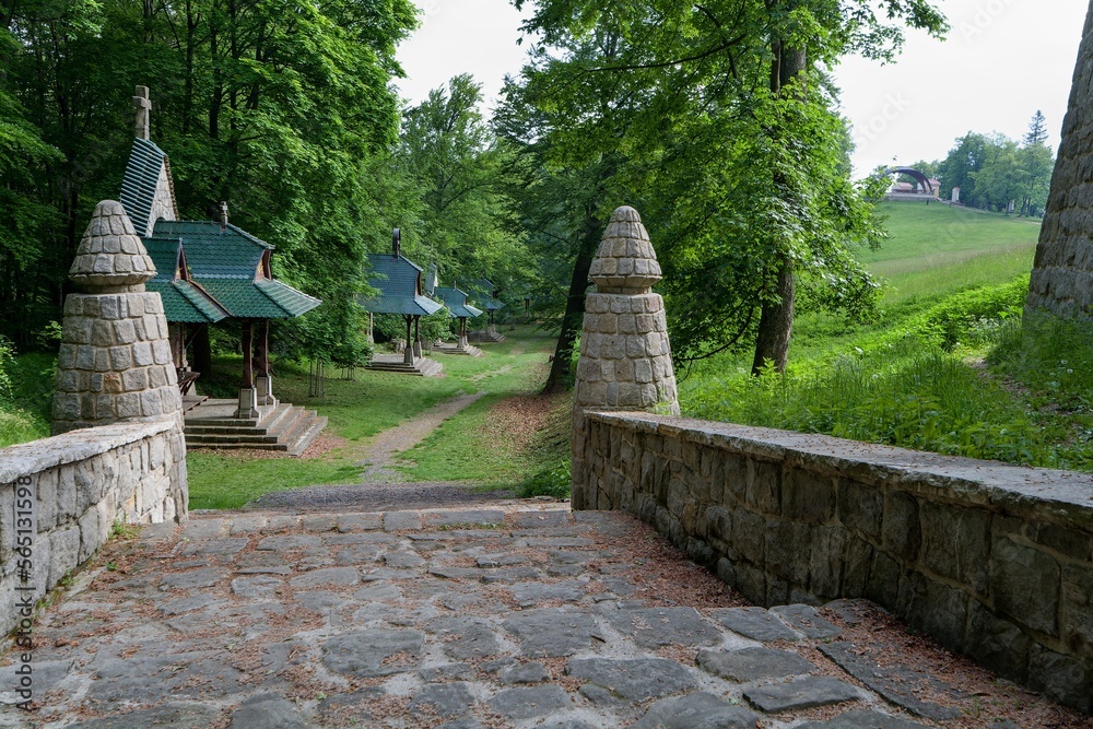 Fototapeta premium Jurkovic way of the cross. view from the stairs to the 11th stop in the spring. hostyn. eastern moravia. czechia.