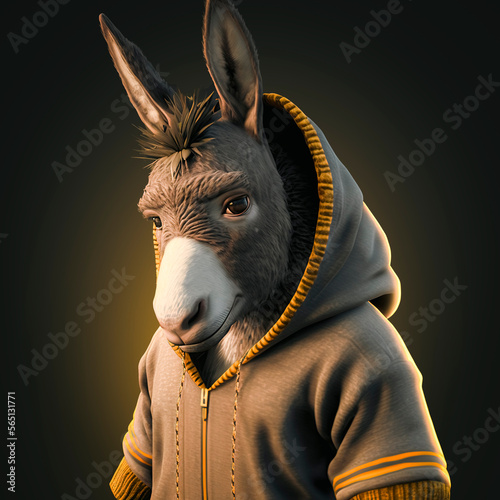 portrait of a donkey in a hoddy, sportswear photo