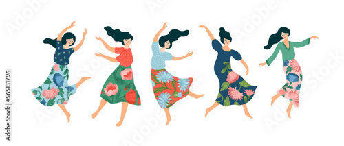 Vector isolated illustration of cute dancing women. Happyl Women s Day concept for card, poster, banner and other