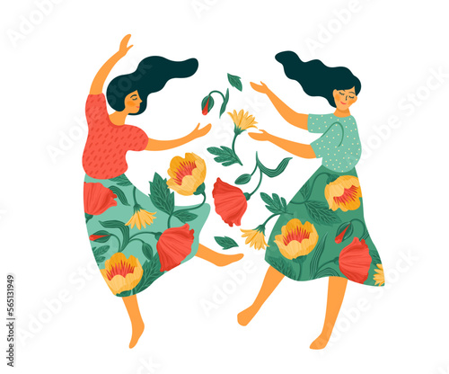 Vector isolated illustration of cute dancing women. Happyl Women s Day concept for card, poster, banner and other