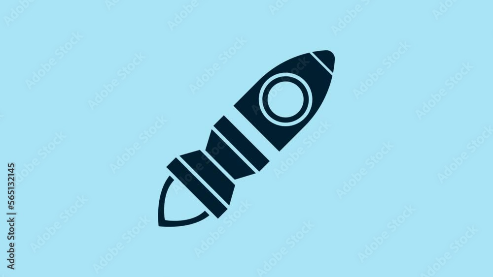 Blue Rocket ship with fire icon isolated on blue background. Space travel. 4K Video motion graphic animation Blue Rocket ship with fire icon isolated on blue background. Space travel. 4K Video motion graphic animation