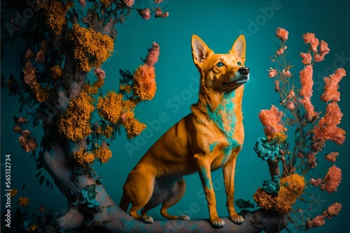 An Orange Dog In A cyan Room With Flowers - Generative AI 