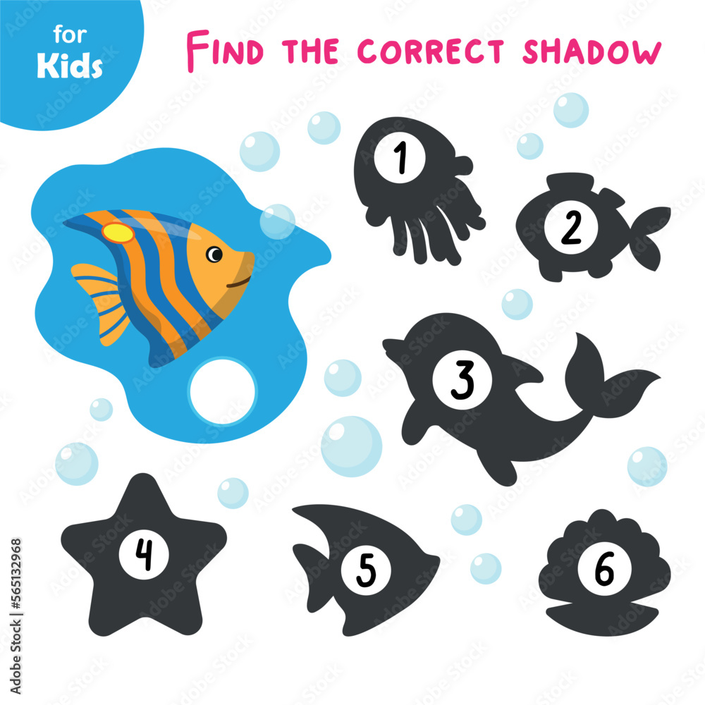 Mini game for children. find the correct shadow for the fish. learning fun Mini game for children. find the correct shadow for the fish. learning fun