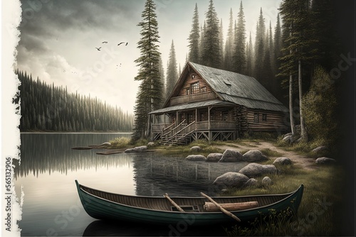 Foto a boat is sitting in the water near a cabin on a lake with a dock and a boathouse on the shore of the lake