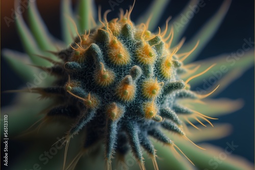  a close up of a cactus plant with yellow tips and green tips on it's head and a blue background with a yellow tip.  generative ai