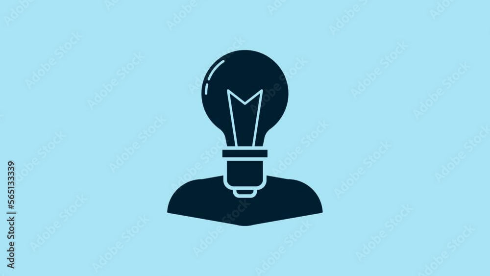 Blue Human head with lamp bulb icon isolated on blue background. 4K Video motion graphic animation Blue Human head with lamp bulb icon isolated on blue background. 4K Video motion graphic animation