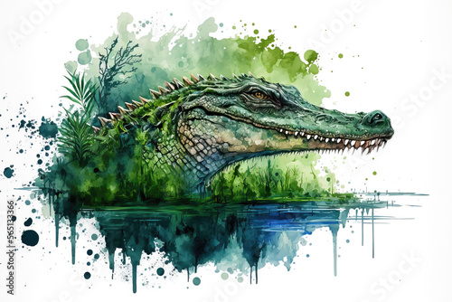 Fotobehang portrait of a crocodile in aquarelle style, ai generated