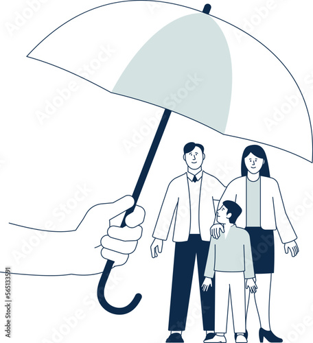 Parents and kid under umbrella. Family protection symbol