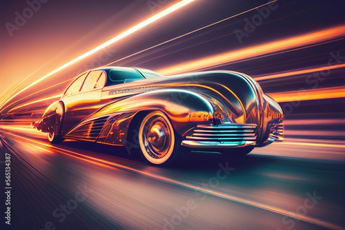 Retro-futuristic car in style of 80's riding on high speed, blurred motion and light trails.. Generative art © Cheport
