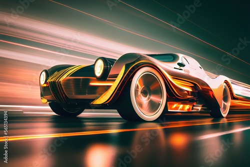 Retro-futuristic car in style of 80's riding on high speed, blurred motion and light trails.. Generative art