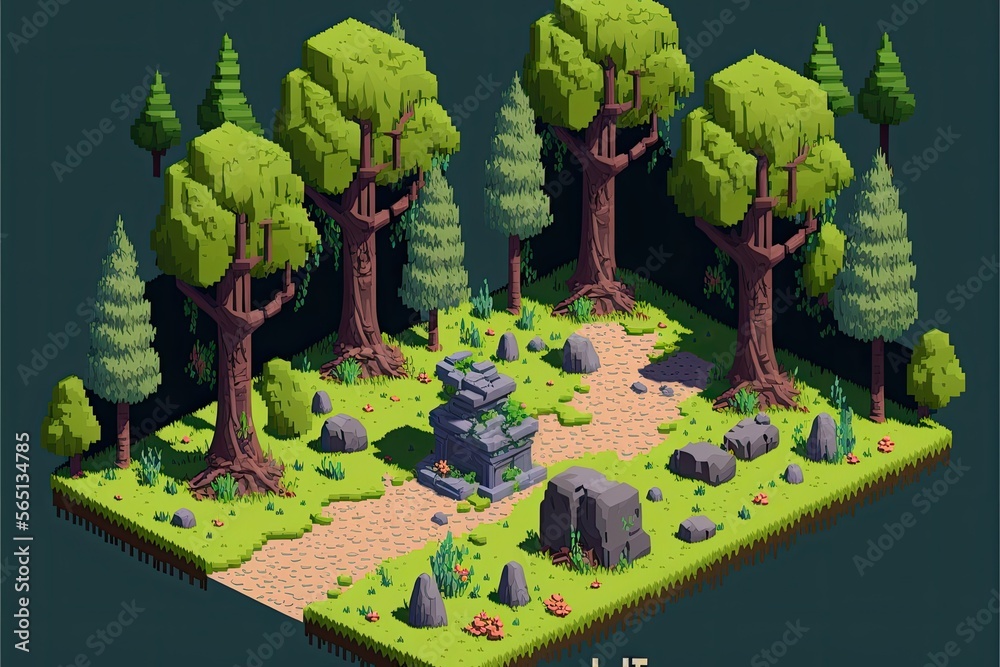Illustration of a game level design forest Created with generative ai