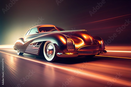 Retro-futuristic car in style of 80's riding on high speed, blurred motion and light trails.. Generative art © Cheport