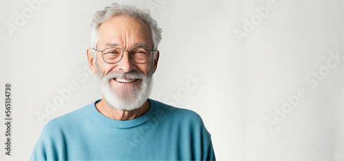Mature, bearded man with a cheerful smile wearing a sweatshirt stands alone on a white background, looking at the camera mid-aged, gray-haired senior hipster with Generative AI technology