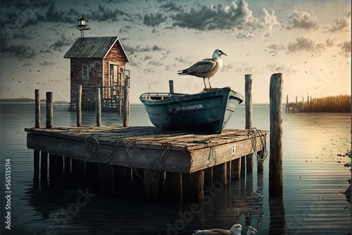  a bird sitting on a boat on a dock with a house in the background and birds flying around it in the air above the water.  generative ai