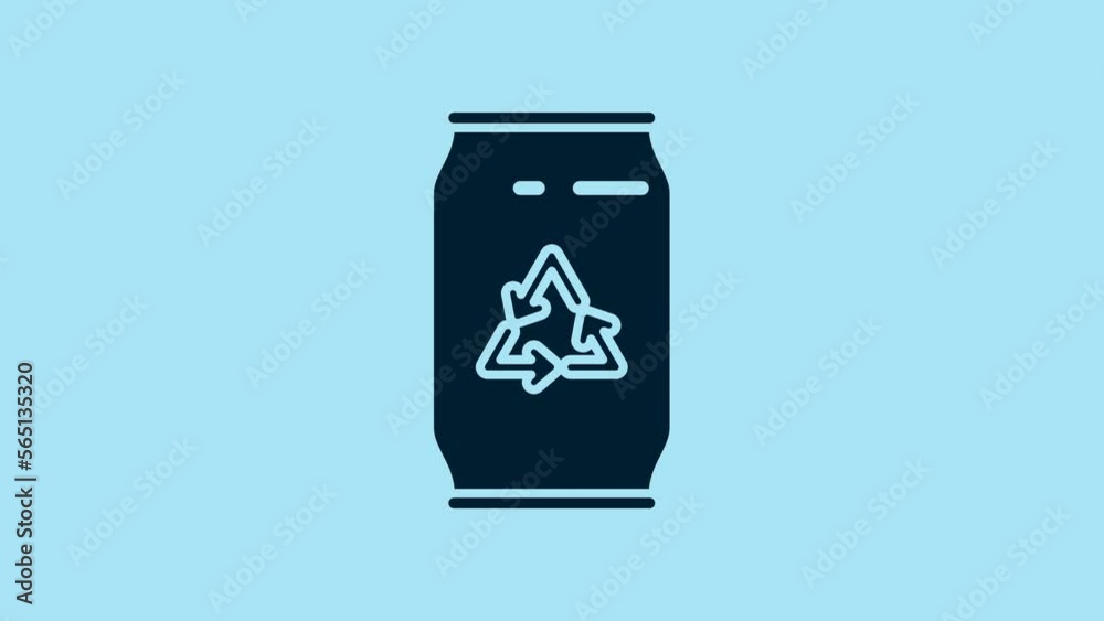 Blue Can with recycle symbol and can icon isolated on blue background. Trash can icon. Garbage bin sign. Recycle basket sign. 4K Video motion graphic animation Blue Can with recycle symbol and can icon isolated on blue background. Trash can icon. Garbage bin sign. Recycle basket sign. 4K Video motion graphic animation