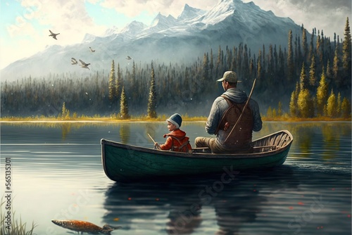  a man and a child in a boat on a lake with a mountain in the background and fish in the water below them  with a bird flying overhead.  generative ai