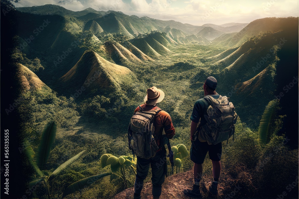 Obraz premium Illustration of explorers travelling around the world - different landscapes - Created with generative AI technology 
