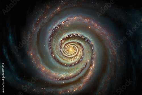  a spiral galaxy with stars and a black background with a yellow center and a blue center with a black background and a white center with a light. generative ai